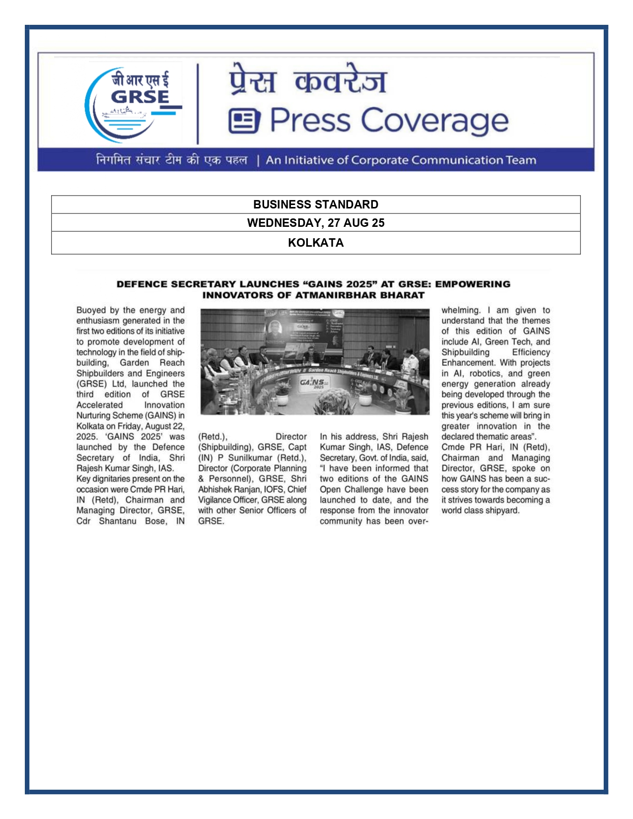 Press Coverage : 27 Aug 25:India will build its own warships,import no more:Rajnath